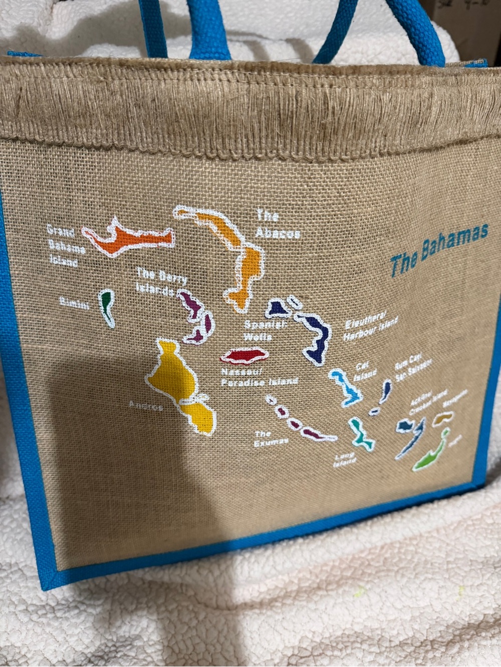 The Bahamas Jute Laptop Tote Bag with Blue Trim